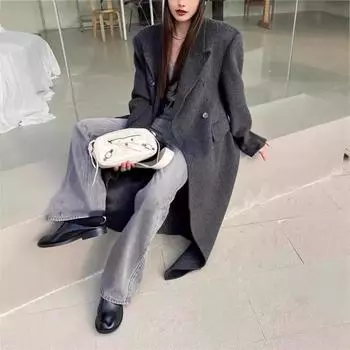 Женское шерстяное пальто с небольшой талией, двухстороннее, на осень и зиму, новый стиль, на талии, подплечники, шерстяное пальто с воротником S
