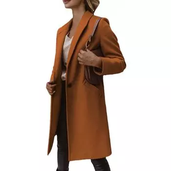Женское шерстяное пальто средней длины с однотонными лацканами и пуговицами L коричневый