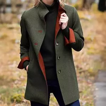 Женское шерстяное пальто средней длины с длинными рукавами и воротником-стойкой. Двубортное. L коричневый