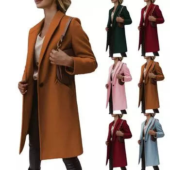 Женское шерстяное пальто средней длины с однотонными лацканами и пуговицами L коричневый