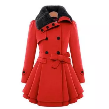 Женское шерстяное пальто средней и длинной длины с поясом, большая юбка с меховым воротником, двубортное шерстяное пальто S