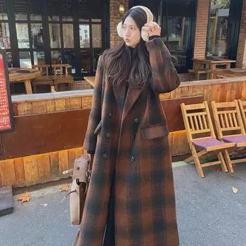 Женское шерстяное пальто свободного покроя в клетку в стиле ретро с лацканами и карманами с клапанами Medium