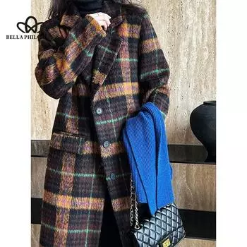 Женское шерстяное пальто в клетку Design Sense в корейском стиле Lazy High Sense средней длины onesize синий
