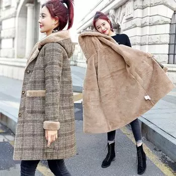 Женское шерстяное пальто в клетку, толстые бархатные утепленные куртки средней длины, теплое шерстяное пальто с капюшоном, женская зимняя куртка, пальто из искусственного меха