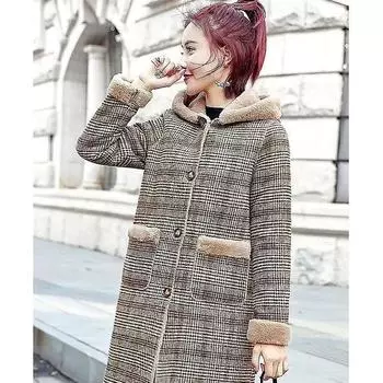 Женское шерстяное пальто в клетку, толстые бархатные утепленные куртки средней длины, теплое шерстяное пальто с капюшоном, женская зимняя куртка, пальто из искусственного меха XXXL