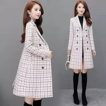 Женское шерстяное пальто в клетку «Тысяча птиц», средней и длинной длины, корейская версия, новое весенне-осеннее тонкое шерстяное пальто в клетку L recommends 90-50kg