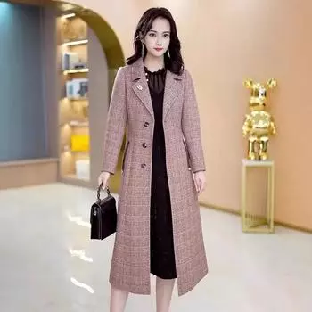 Женское шерстяное пальто выше колена в клетку - Осень/Зима 2024, облегающий фасон, средней длины XXXS
