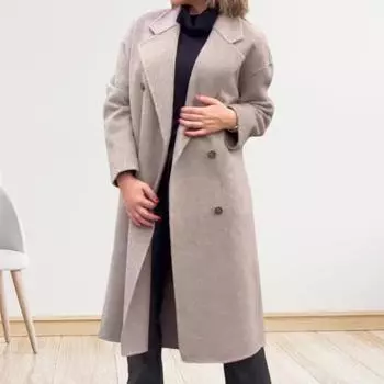 Женское шерстяное пальто Yousheng, осенне-зимнее двубортное пальто с лацканами, свободное однотонное теплое длинное пальто для повседневной носки в офисе M