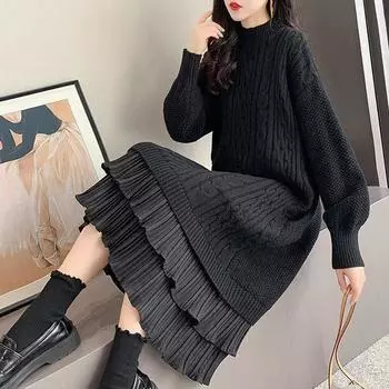 Женское шерстяное трикотажное платье с полувысоким воротником, однотонный свитер с длинными рукавами, длинное платье One Size чёрный