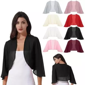 Женское шифоновое болеро с открытыми плечами, укороченный кардиган с рукавами 3/4, повседневная одежда для свадебной вечеринки чёрный