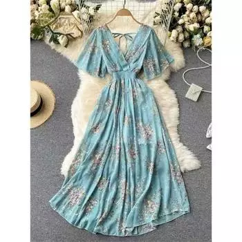 Женское шифоновое длинное платье с цветочным принтом во французском стиле, эластичные платья трапециевидной формы с короткими рукавами, летнее пляжное платье с богемным принтом S жёлтый/зелёный