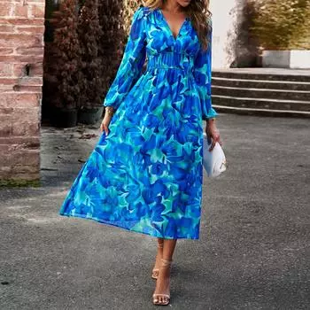 Женское шифоновое длинное платье с v-образным вырезом и длинным рукавом с цветочным принтом, женские праздничные платья