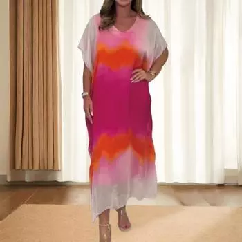 Женское шифоновое макси-платье с градиентным принтом и V-образным вырезом, с коротким рукавом, длинное платье, повседневный свободный пляжный сарафан для летнего отдыха S розовый