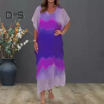 Женское шифоновое макси-платье с градиентным принтом и V-образным вырезом, с коротким рукавом, длинное платье, повседневный свободный пляжный сарафан для летнего отдыха S зелёный