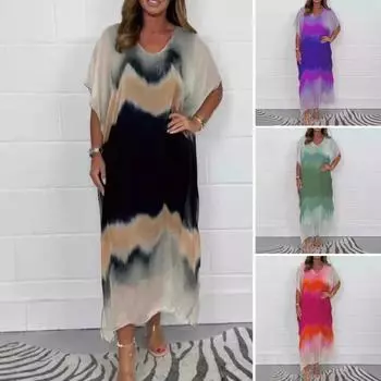 Женское шифоновое макси-платье с градиентным принтом и V-образным вырезом, с коротким рукавом, длинное платье, повседневный свободный пляжный сарафан для летнего отдыха S зелёный