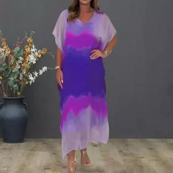 Женское шифоновое макси-платье с градиентным принтом и V-образным вырезом, с коротким рукавом, длинное платье, повседневный свободный пляжный сарафан для летнего отдыха S зелёный