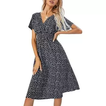 Женское шифоновое миди-платье в горошек, с коротким рукавом, V-образным вырезом, свободное, в богемном стиле, летний пляжный сарафан с эластичной талией S чёрный