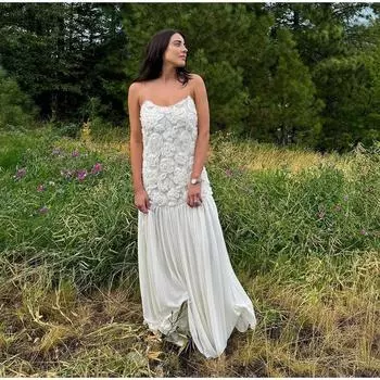Женское шифоновое платье, элегантное белое платье с открытой спиной и 3D-цветком на бретелях, плиссированное платье А-силуэта в стиле пэчворк, летнее пляжное платье для отдыха, вечернее платье Vestidos S белый