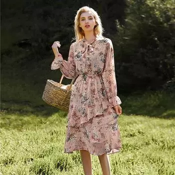 Женское шифоновое платье больших размеров с длинными рукавами и принтом в виде листьев лотоса, нижняя юбка 5XL розовый