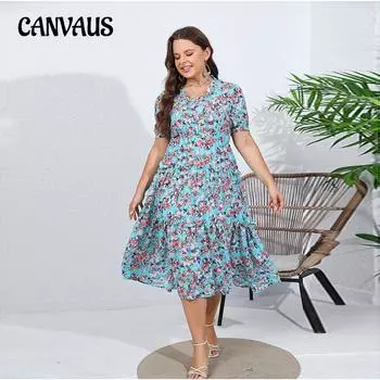 Женское шифоновое платье больших размеров с деревянными ушками и v-образным вырезом с эластичной резинкой на талии, платья миди с цветочным принтом