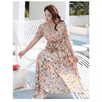 Женское шифоновое платье больших размеров 4XL-8XL, летняя плиссированная юбка с короткими рукавами, длинное шифоновое платье 4XL