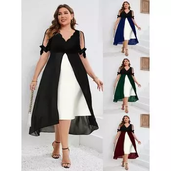 Женское шифоновое платье больших размеров с рукавами 3/4 и V-образным вырезом, контрастное коктейльное полуформальное игровое платье 4XL чёрный