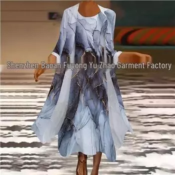 Женское шифоновое платье из двух частей с принтом и круглым вырезом, осеннее - свободного кроя 4XL