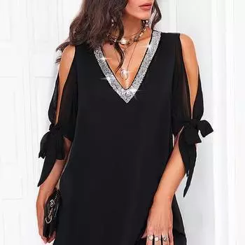 Женское шифоновое платье с блестками и v-образным вырезом, мини-платье с половиной рукавов, вечернее клубное платье S чёрный