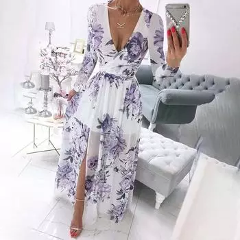 Женское шифоновое платье с длинными рукавами и v-образным вырезом с разрезом, торжественное платье L