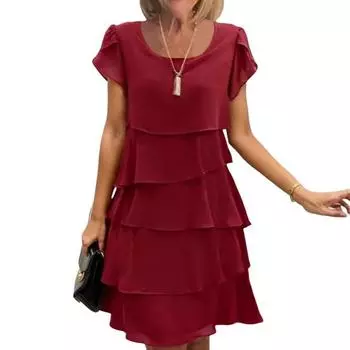 Женское шифоновое платье с оборками по краю, круглым вырезом, короткими рукавами, многослойным дизайном, летнее платье миди, повседневная одежда M вино красного