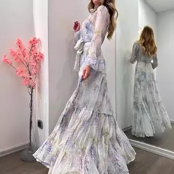 Женское шифоновое платье с принтом Кардиган с большим поясом, цветочным узором, длинный стиль S синий