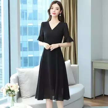 Женское шифоновое платье с V-образным вырезом и расклешенными рукавами XXXL чёрный