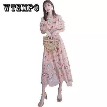 Женское шифоновое платье средней длины с цветочным принтом, элегантное тонкое плиссированное платье супер феи с рюшами на бретельках XXXL