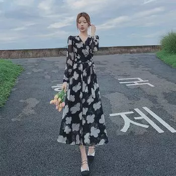 Женское шифоновое платье в стиле бохо с V-образным вырезом — длинный рукав, тонкая талия, идеально подходит для весенних, летних и осенних праздников. Small чёрный