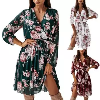 Женское шифоновое плиссированное платье с длинными рукавами и принтом, мини-платье с принтом и оборками L зелёный