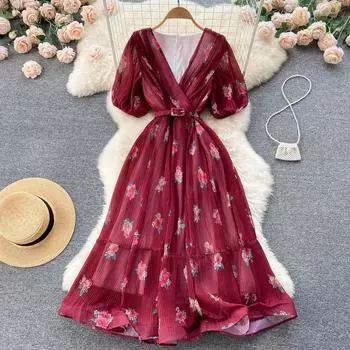 Женское шифоновое пляжное длинное платье с цветочным принтом, летние платья с пышными рукавами и V-образным вырезом в стиле бохо, женские трапециевидные вечерние плиссированные платья с высокой талией One Size