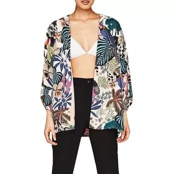 Женское шифоновое пляжное кимоно с бабочками и птицами и листьями с принтом и открытой передней частью, свободное тонкое бикини, прикрытие S зелёный