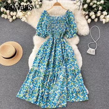 Женское шикарное милое облегающее платье с квадратным вырезом и рукавами-фонариками, цветочное платье-трапеция с суперсказочным темпераментом One size жёлтый