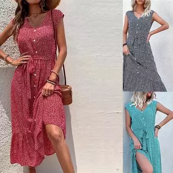 Женское шикарное платье с V-образным вырезом и праздничным принтом с коротким рукавом на шнуровке S красный