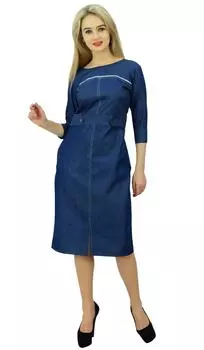 Женское синее джинсовое платье Bimba с рукавами 3/4 и круглым вырезом, повседневное платье прямого кроя 14 синий