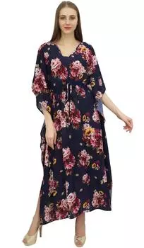 Женское синее кафтановое кафтановое кимоно Bimba с цветочным принтом, летнее макси-платье-10 10 темно-синий