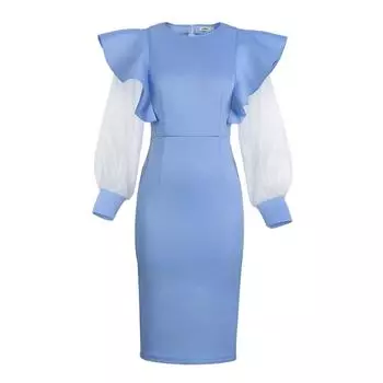 Женское синее платье с рюшами, облегающее платье с круглым вырезом и длинными тюлевыми рукавами, прозрачные наряды для вечеринок, элегантные коктейльные наряды для мероприятий S синий