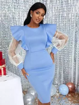 Женское синее платье с рюшами, облегающее платье с круглым вырезом и длинными тюлевыми рукавами, прозрачные наряды для вечеринок, элегантные коктейльные наряды для мероприятий