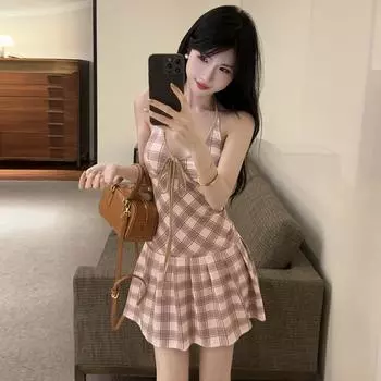 Женское сладкое и пикантное облегающее платье с V-образным вырезом и клетчатыми бретелями S розовый