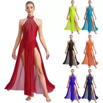 Женское современное лирическое танцевальное платье без рукавов с разрезом из прозрачной сетки балетное гимнастическое трико платье современная танцевальная одежда для выступлений S бордовый