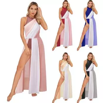 Женское современное танцевальное платье для выступлений с цветным дизайном, воротник-стойка, без рукавов, вырез-замочная скважина сзади, разрез по низу, танцевальная одежда S розовый