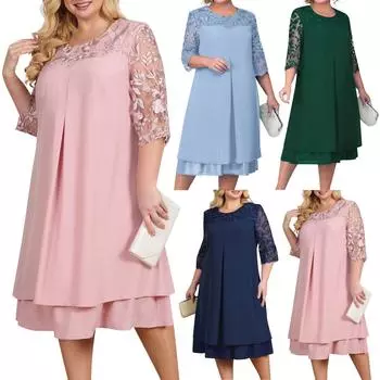 Женское сплошное цветное лоскутное кружевное повседневное платье с половиной рукавом и круглым вырезом большого размера L