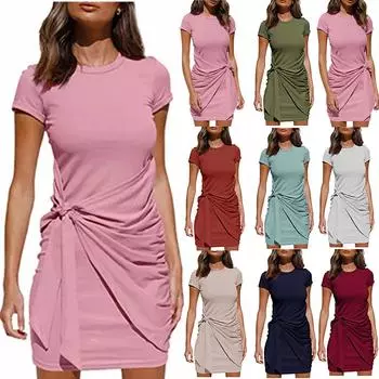 Женское сплошное цветное платье до колена с коротким рукавом и плиссированным платьем с круглым вырезом L бежевый