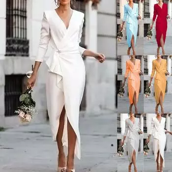 Женское сплошное цветное платье с v-образным вырезом и нерегулярной талией, вечернее платье с длинным рукавом M оранжевый