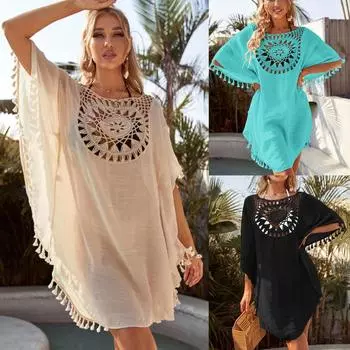 Женское сплошное цветное пляжное платье с кисточками, солнцезащитный крем, короткие сексуальные пляжные накидки бежевый